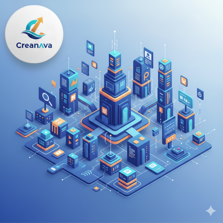 Visualisierung einer zentralen Content-Architektur mit klar verbundenen Modulen und Informationsflüssen