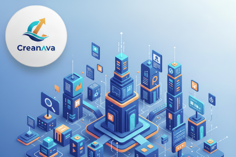 Illustration einer digitalen Landingpage-Struktur mit Daten, Modulen und Conversion-Elementen für Online-Marketing