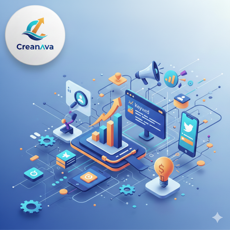 Illustration einer digitalen Landingpage-Struktur mit Daten, Modulen und Conversion-Elementen für Online-Marketing