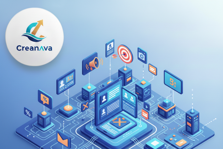 Illustration von Marketing-Kanälen, Kampagnen-Elementen und datenbasierter Optimierung in einem digitalen System